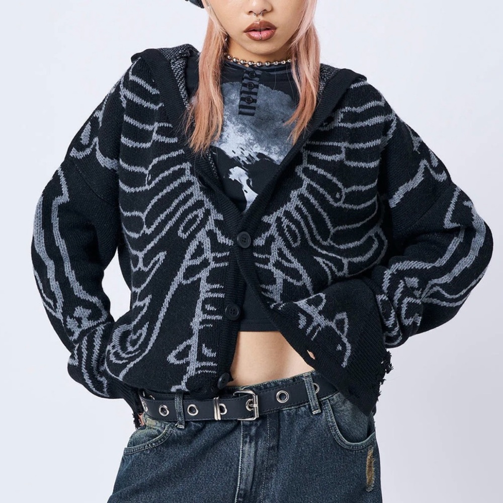 X-Ray Jacquard Black Hooded Knit Cardigan - L / Black